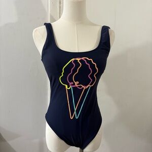 Aerie One Piece Cheeky Swimsuit Blue Neon Ice Cream Cone Print Low Back Sz Small